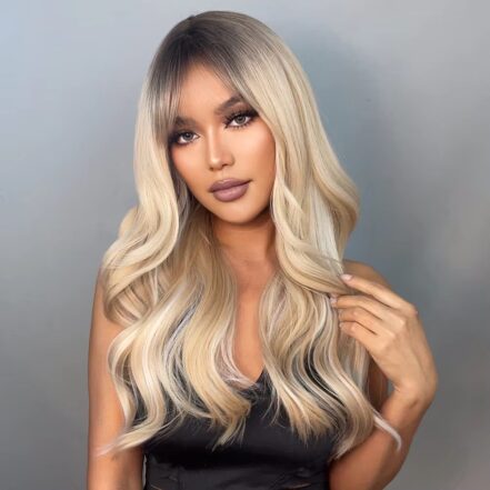 Ainizi 66cm Ash Blonde Body Wave with Dark Roots  Synthetic Hair Wig with Bangs