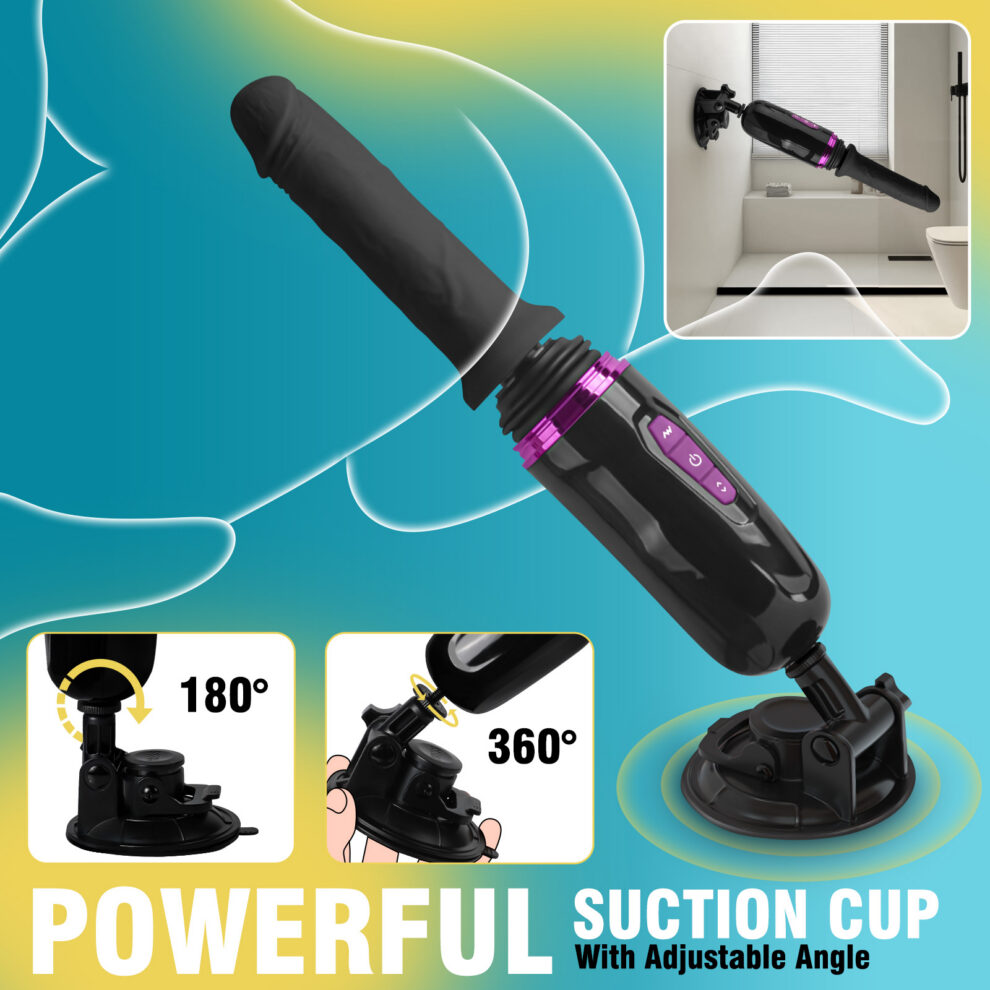 Main product shot of a black adjustable suction cup mount with purple accents on a blue-green gradient background, inset shows a bathroom installation.