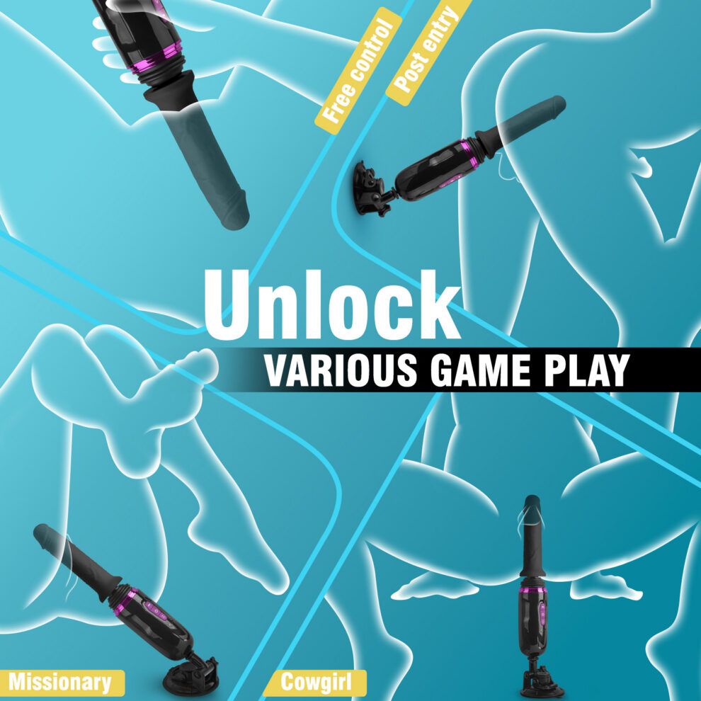 Blue abstract illustration featuring silhouettes of nude figures and multiple sex toys, with the words 'Unlock Various Game Play' across the center.