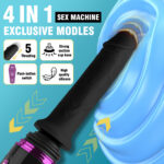 Promotional graphic for a 4-in-1 sex toy: features thrusting action, strong suction cup base, push-button switch, and silicone material.