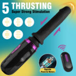 Advertising graphic for a black wand massager with purple accents, showing five thrusting modes and ‘Super Strong Stimulation’ on a gradient background.