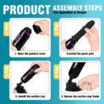 Infographic showing four steps to assemble a black sex toy vibrator: open the cap, attach the main shaft, install the suction cup, and secure it firmly on the base.