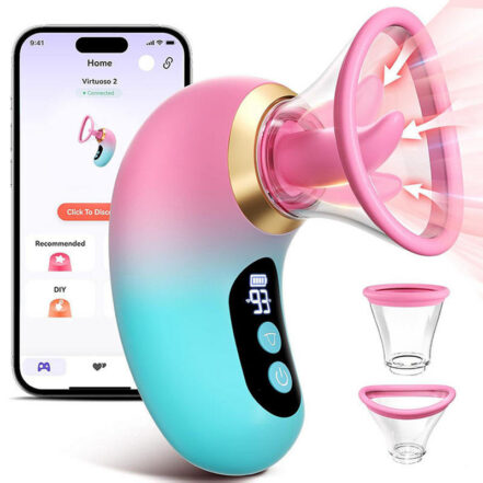 Electric breast pump with a connected smartphone app interface shown beside it, displaying settings and modes in a pastel color design.