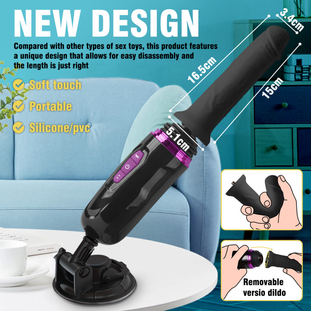 Marketing image for a new sex toy showing a black handheld device with a purple collar placed diagonally; measurements show 16.5 cm length, 15 cm length segment, and 5.1 cm diameter. Side bullet list highlights: soft touch, portable, silicone/pvc. Background appears to be a blue living room setting with a chair and side table.
