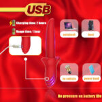Red USB rechargeable vibrator advertised with charging time 2 hours and Usage time 1 hour, shown against a red background with device imagery and accessory icons.