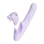 Lavender sex toy with a curved shaft shown detached from its base, revealing its playful shape and removable piece.