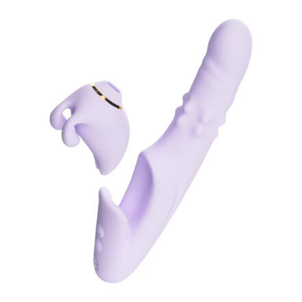 Lavender sex toy with a curved shaft shown detached from its base, revealing its playful shape and removable piece.