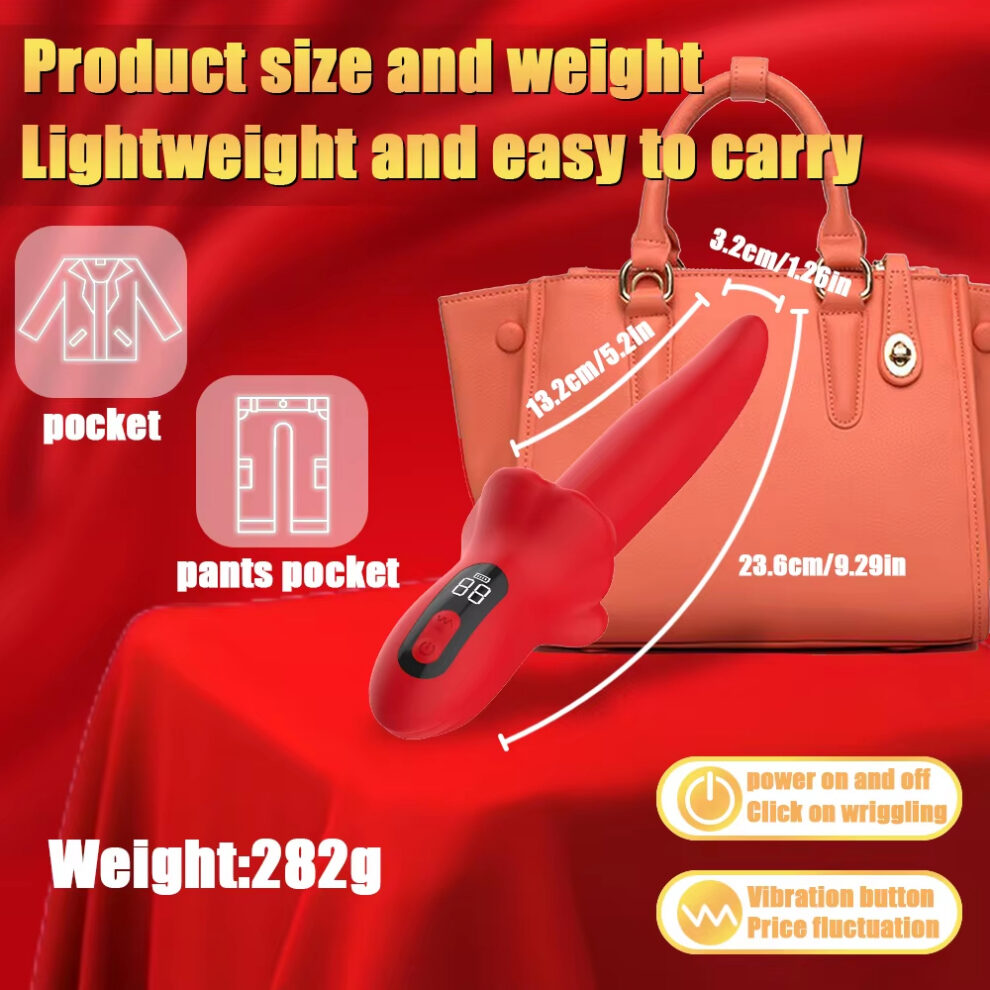 Advertising graphic for a red vibrator showing dimensions and weight (282 g) with a handbag in the background.