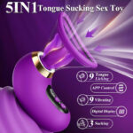 Purple 5-in-1 tongue-sucking sex toy with a control panel and display, highlighting 9 tongue-licking modes, app control, 9 vibrating modes, digital display, and 3 suction levels.