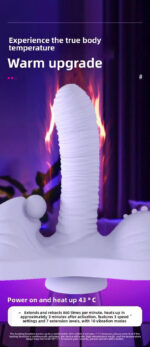 Purple-toned advertisement banner featuring a white silicone dildo with a fiery glow, conveying a warm/realistic sensation. Headline reads 'Experience the true body temperature' and 'Warm upgrade' with small pink indicator dots and a 'Power on and heat up 43 °C' prompt at the bottom.