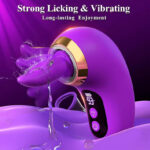 Purple vibrating sex toy with LED display and control buttons; water splashes imply waterproof design for pleasure.