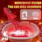 Red waterproof sex toy in a bowl of pink water with rose petals, advertising waterproof design, rinse icons, and IPX6 rating