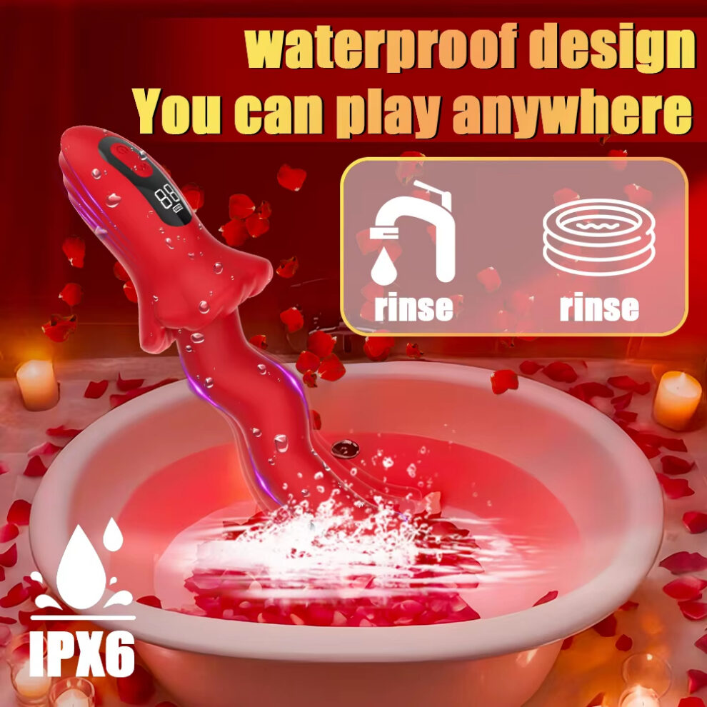 Red waterproof sex toy in a bowl of pink water with rose petals, advertising waterproof design, rinse icons, and IPX6 rating