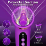 Purple handheld suction toy with LED display and two silicone attachments for clitoral stimulation, showing powerful suction rings in a purple glow.