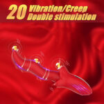 Red curved dual-stimulation vibrator with glowing rings and vibration indicators against a red background, product image, informative context only