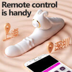 Promotional 3D image with a white foot-shaped gadget and gold ring, desert background, Chinese location markers, and a smartphone showing a video app; caption: 'Remote control is handy'.