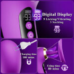 Purple sex toy with a digital display showing modes like licking, vibrating and sucking; includes charging and use-time indicators.