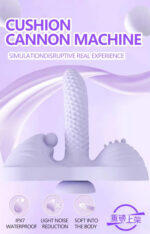 Lavender promotional image for Cushion Cannon Machine showing a purple dildo on a curved base with feature icons: IPX7 waterproof, light noise reduction, soft into the body.