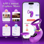 Purple wireless device connected to a smartphone app, with screens labeled Recommended, Video, DIY and Sound on a purple gradient background.