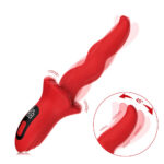 Red curved vibrator with a digital control panel and remote features, shown bending at a 45-degree angle for adjustable stimulation.