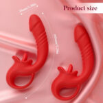 Two red silicone sex toys with curved shafts and looped handles placed on pink satin background, with size measurements indicated (35mm/1.38in and 185mm/7.28in) and a 'Product size' label in the corner.