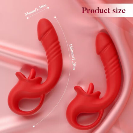 Two red silicone sex toys with curved shafts and looped handles placed on pink satin background, with size measurements indicated (35mm/1.38in and 185mm/7.28in) and a 'Product size' label in the corner.