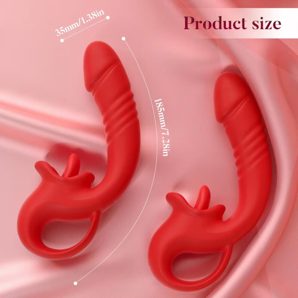 Two red silicone sex toys with curved shafts and looped handles placed on pink satin background, with size measurements indicated (35mm/1.38in and 185mm/7.28in) and a 'Product size' label in the corner.