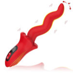Glossy red curved handheld device with a small digital display on a black panel and yellow edge highlighting edges.