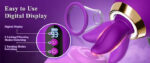 Promotional banner showing a purple vibrator with a digital display and three labeled control buttons for different modes and settings.