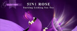 Promotional image of a purple 5‑in‑1 rose sex toy with suction/licking function, shown with gold accents on a purple background.