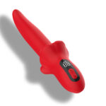 Red handheld electronic device with a black digital display showing numbers on its side.