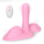 Pink dual-action vibrator with a curved base and wireless remote, on a white background.