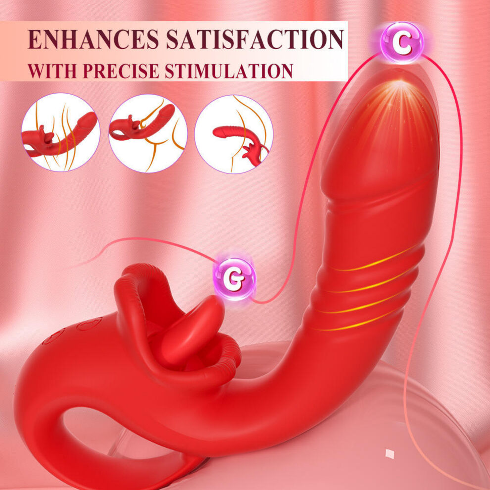 Red curved sex toy on a pink background, promoting precise stimulation with circular inset diagrams and labeled points C and G.