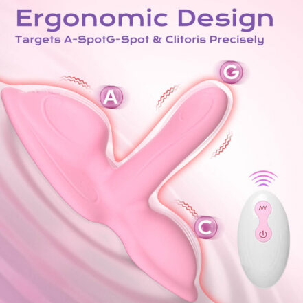 Pink ergonomic vibrator with A, C, and G tips and a wireless remote for precise A-spot, G-spot, and clitoral stimulation.