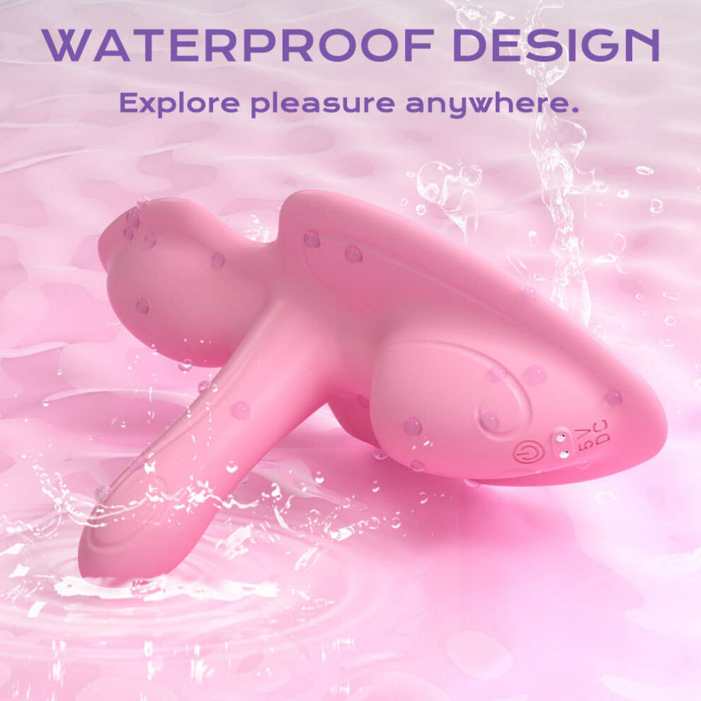 Pink waterproof vibrator with a bunny-ear shape on a pink, watery background, advertised as a waterproof design for pleasure.