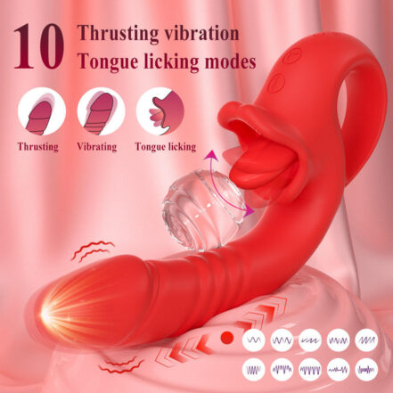 Pink curved sex toy with a glowing tip, advertising 10 vibration modes: thrusting, vibrating, tongue-licking; pink background with mode icons.