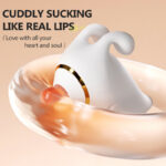 Close-up of a white silicone sex toy shaped like lips, inserted into a peach-colored sleeve, with bold promo text about 'CUDDLY SUCKING LIKE REAL LIPS'.