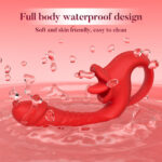 Promotional banner showing a red flexible object splashing in pink water, with the headline 'Full body waterproof design' and subheading 'Soft and skin friendly, easy to clean'.