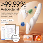 Poster advertising >99.99% antibacterial material for women's health, featuring a white sex toy with virus graphics and certificates in the foreground.