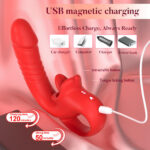 Red USB-rechargeable sex toy with a white charging cable attached; features labeled retractable and tongue-licking buttons, shown with four accessory icons (car charger, computer, charger, power bank) and notes of 120-minute charge and 50-minute use.