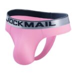 Pink jockstrap underwear with a gray branded waistband reading JOCKMAIL.