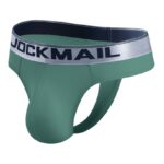 Green men's jockstrap with a silver waistband that reads JOCKMAIL.