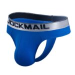 Blue men's athletic jockstrap with a silver waistband reading JOCKMAIL on a white background (front pouch visible).
