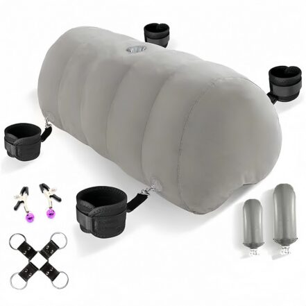 Grey inflatable bondage restraint system with four cuffs and assorted accessories (nipple clamps, connectors).