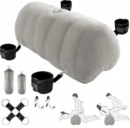 Inflatable cylindrical body support with straps, ankle cuffs, hand cuffs, pumps, and resistance bands for physical therapy or Pilates exercises.