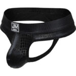 Black textured jockstrap with a wide waistband and a pouch, branded JM Jockmail.