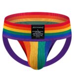 Rainbow pride thong underwear for men with a purple waistband and a black JOCKMAIL label on the front.