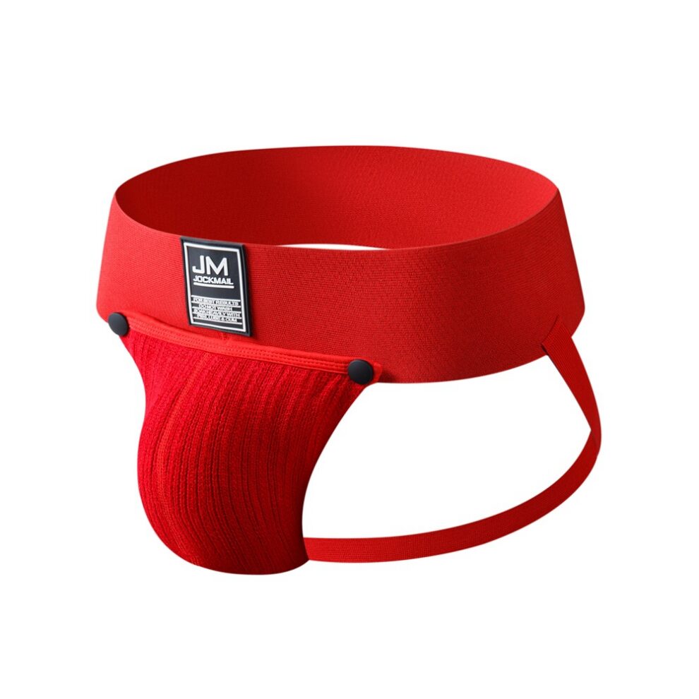 Red adjustable waist strap with a curved red silicone insertion resembling a wearable sex toy, secured by side snaps and a small label on the front.