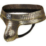 Gold and black patterned metal chastity device with a circular ring and a square JM brand label