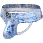 Blue snakeskin‑patterned men's jockstrap with a pouch and rear straps, brand JM Jockmail on the waistband edge.